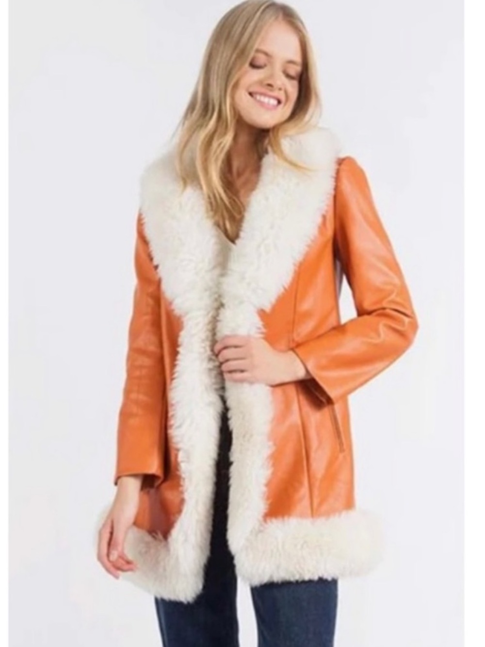 Charlotte Simone Orange Faux Leather Faux Fur Penny Lane Coat S